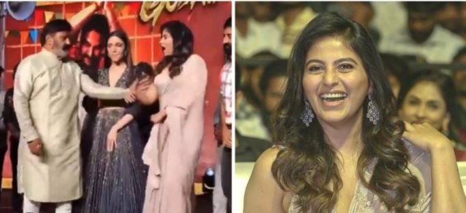After actor-politician Nandamuri Balakrishna pushes her on stage, actor Anjali supports her.