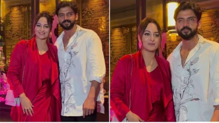 On their first date with Zaheer Iqbal following the wedding, Sonakshi Sinha gives bridal red a contemporary twist.